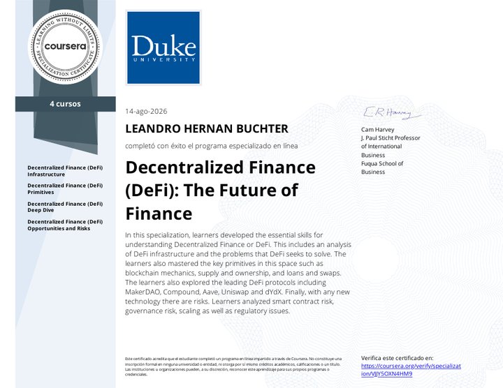 Duke University – Decentralized Finance (DeFi): The Future of Finance Specialization – Leandro Hernan Buchter