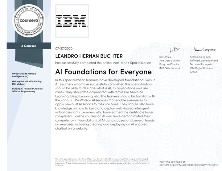 IBM – AI Foundations for Everyone Specialization – Leandro Hernan Buchter
