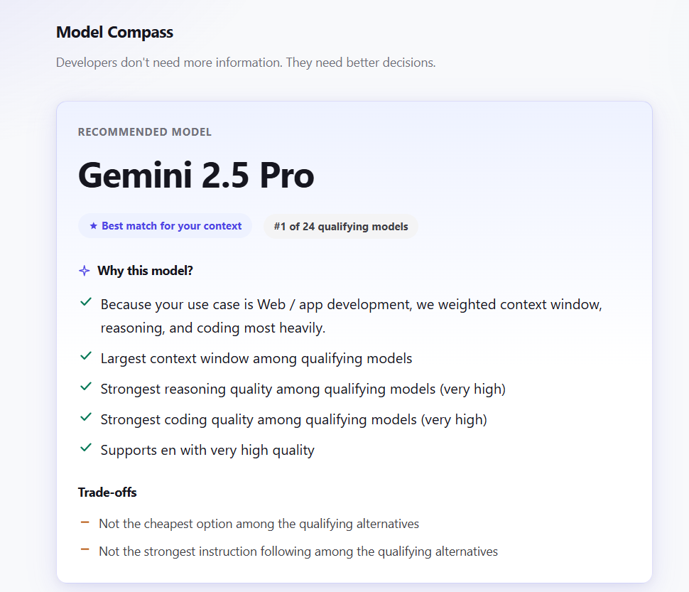 Model Compass recommendation screen